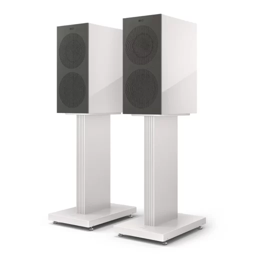 Kef R3 Meta bookshelf speakers in white on optional S3 stands for sale in Castle Hill, NSW